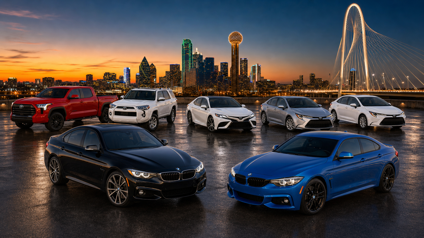 BMM Autos rental fleet with the Dallas skyline at sunset